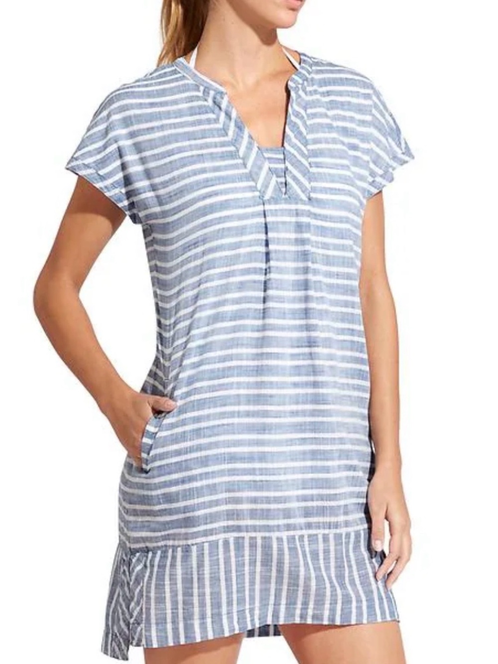 Athleta Barbados Striped Mini Dress Blue or Swim Cover-Up Dress size MP